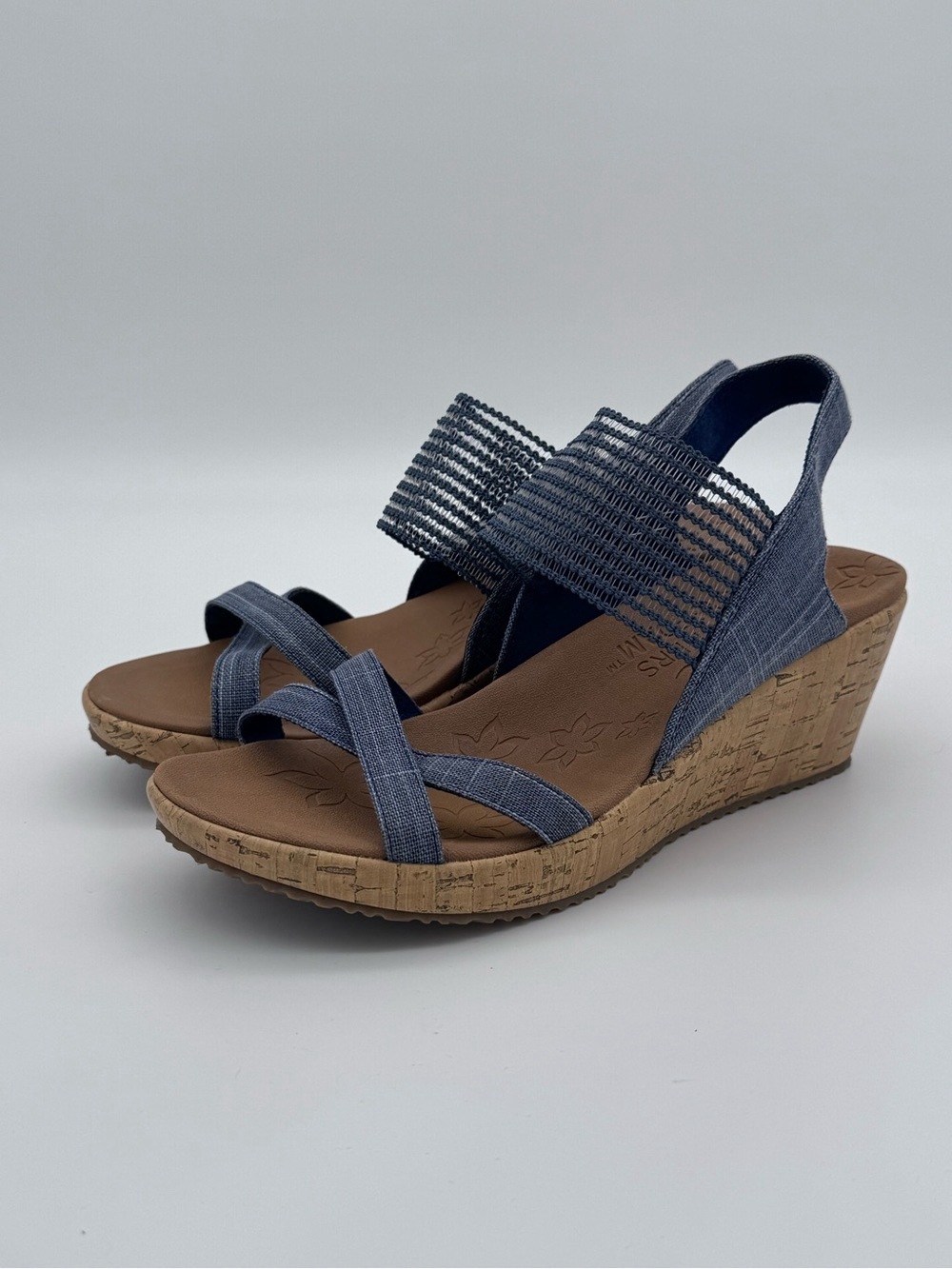 Skechers Beverlee High Tea Navy Wedge Sandals Size 9 Like New - Picture 7 of 13